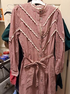 entro Red Gingham Button-Front Long Sleeve Dress with Cream Lace Trim